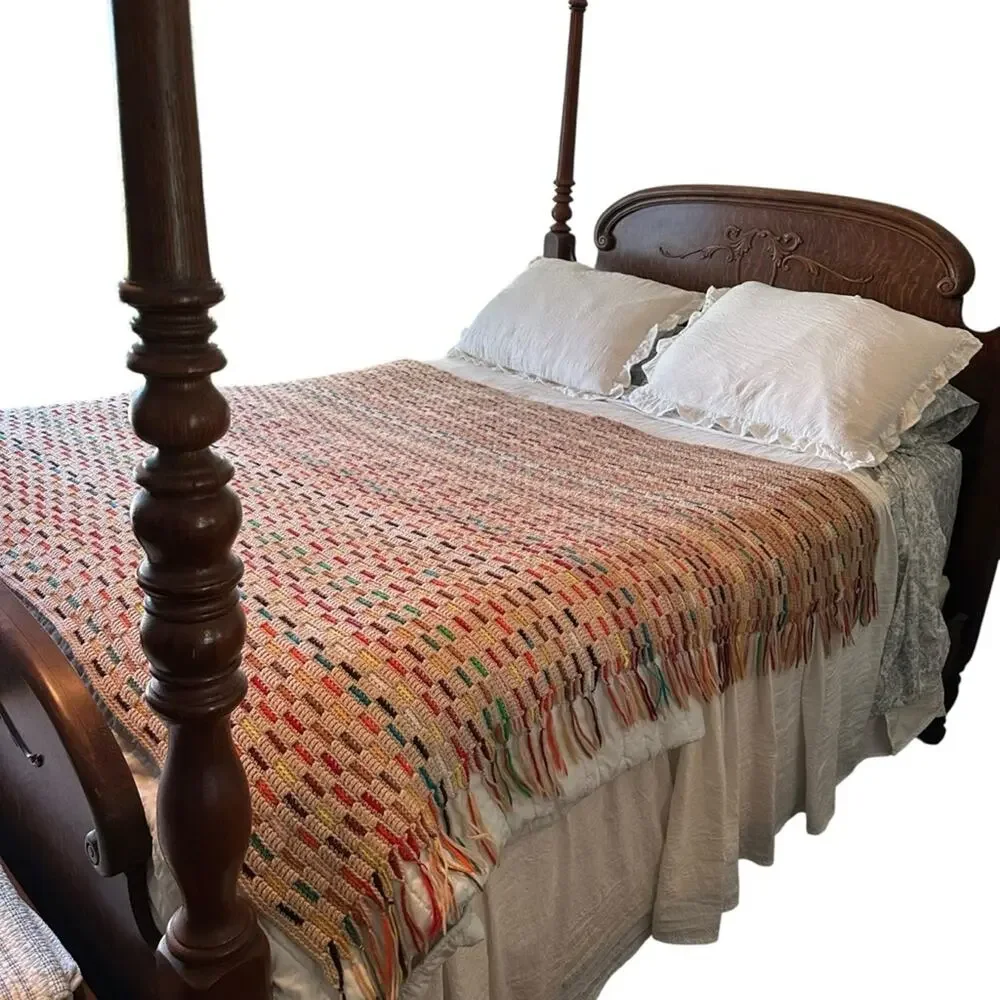 VTG Crochet Granny Throw Lap Blanket Multicolor Reversible Design 77 X 67